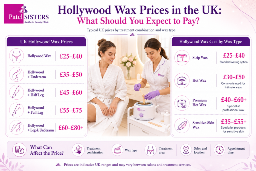 Hollywood wax prices in the UK, showing treatment combination costs and Hollywood wax costs by wax type.