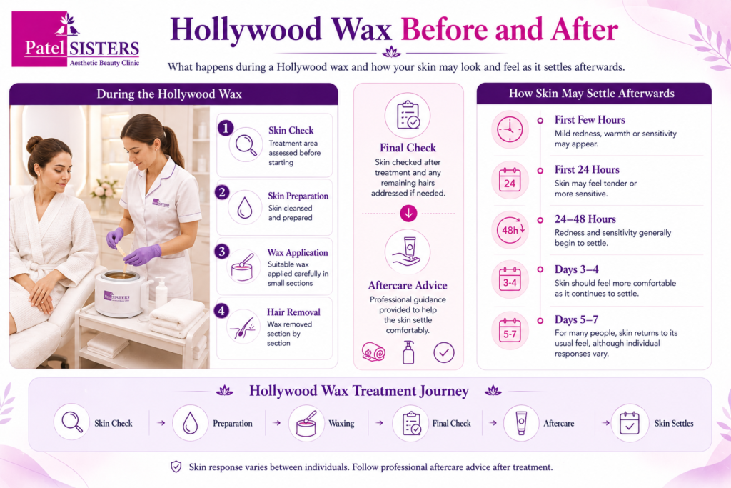 Hollywood wax before and after treatment journey, showing skin preparation, waxing steps, aftercare, and how skin may settle afterwards.
