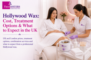 Hollywood wax treatment in a luxury London clinic, with a professional therapist assisting a client and information about cost, treatment options and what to expect in the UK.