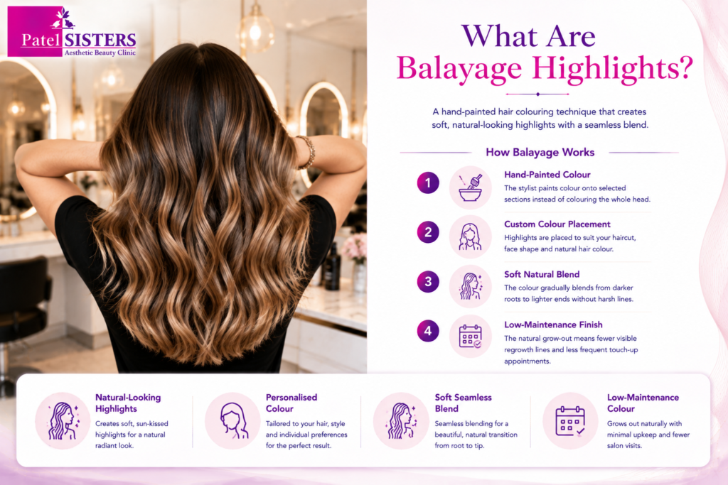 A professional hairstylist is hand-painting balayage highlights to create a soft, natural blend with darker roots and lighter ends.