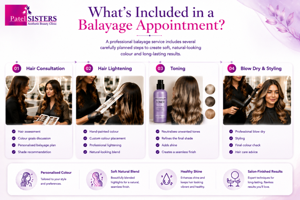 Checklist infographic showing the services included in a professional balayage appointment, including consultation, hair lightening, toning, and blow dry styling.