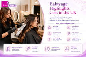 A professional hairstylist applying balayage highlights to a client's hair with an infographic showing the main factors that affect balayage highlights cost in the UK.