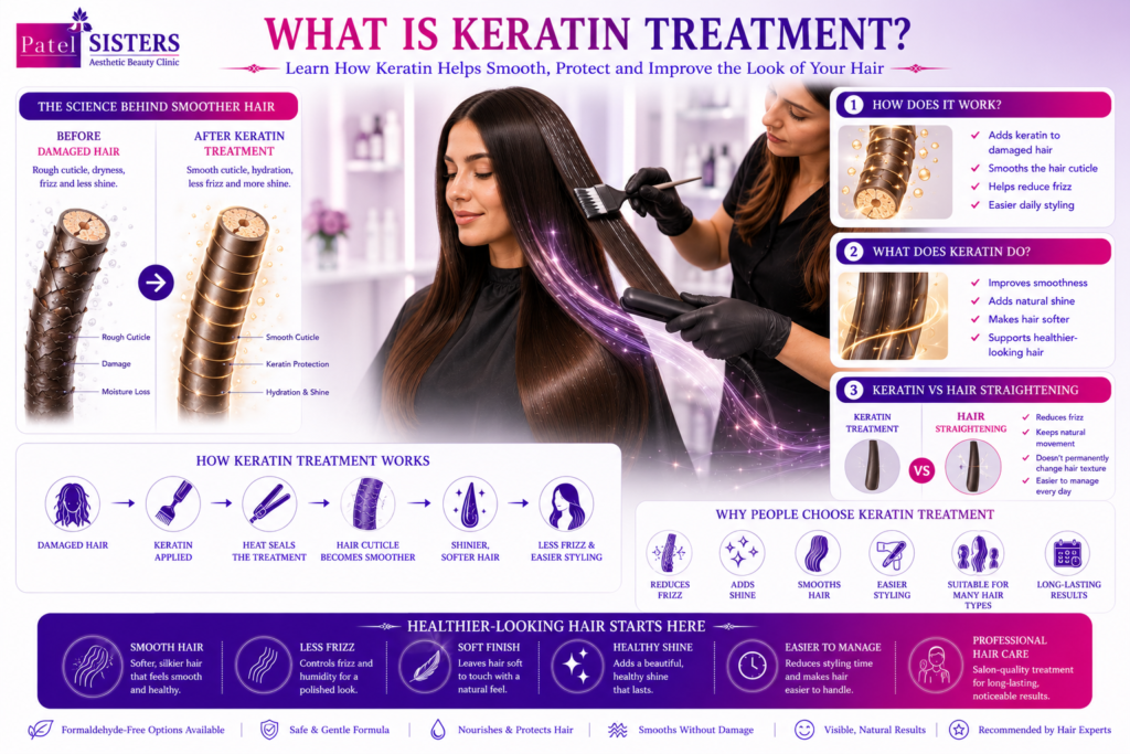 Keratin treatment smooths the hair cuticle for shinier and healthier-looking hair.