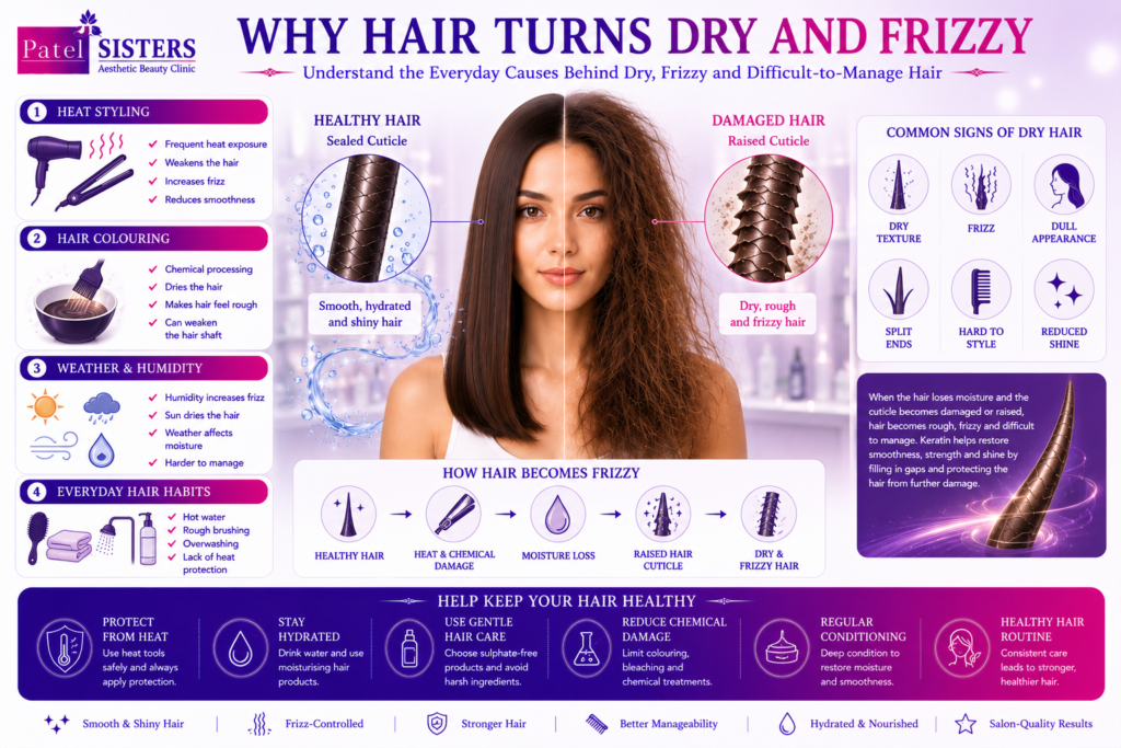 Illustration showing dry and frizzy hair caused by heat styling, coloring and environmental damage.