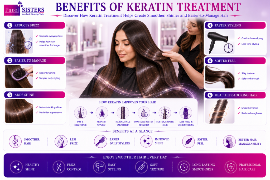 Healthy smooth hair after keratin treatment with reduced frizz and added shine.