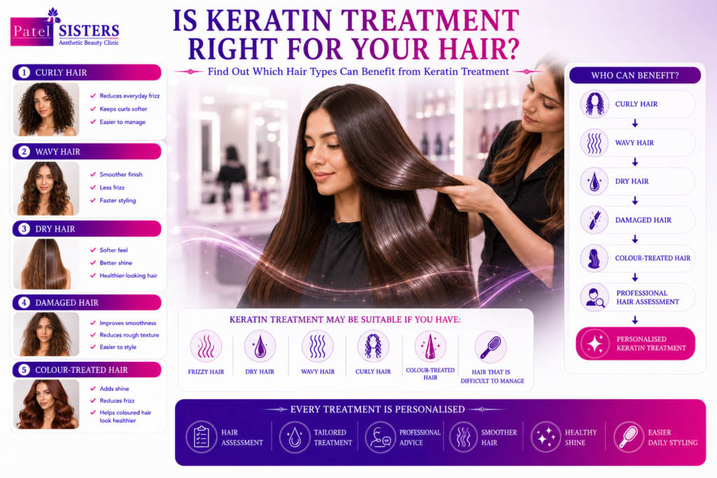 Different hair types are suitable for keratin treatment, including curly, wavy, and color-treated hair.