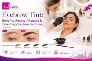 Professional eyebrow tint treatment showing natural brow coloring, defined eyebrows, and beauty consultation.