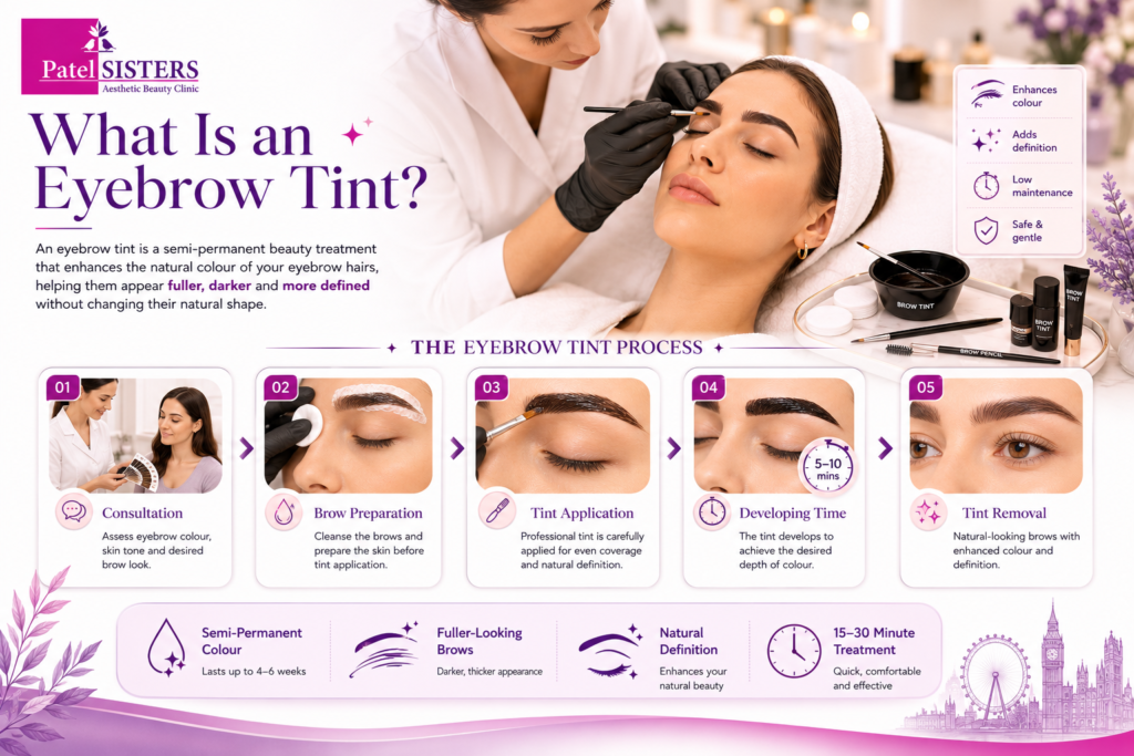 Eyebrow tinting process showing professional tint application and naturally defined brows.