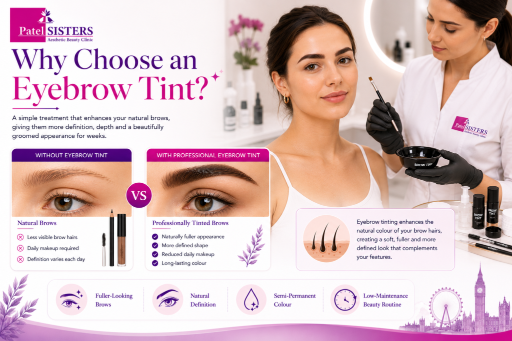 Comparison showing the benefits of eyebrow tint for fuller, more defined natural-looking brows.