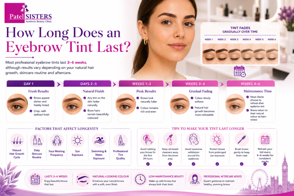 Timeline showing how long eyebrow tint lasts and factors that affect color longevity.