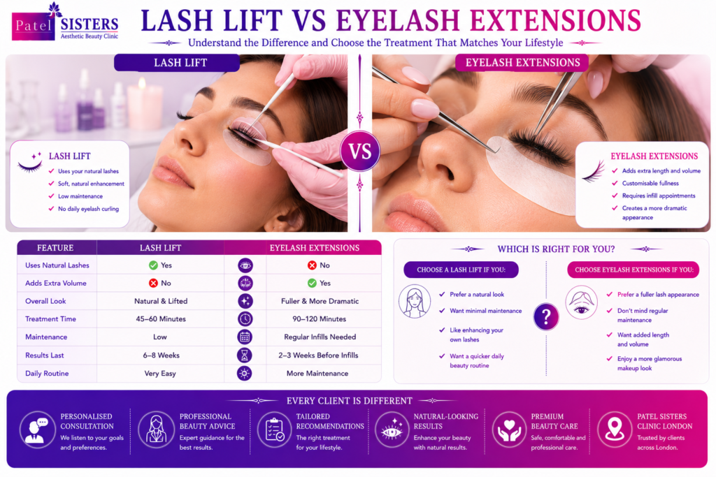 Comparison between lash lift and eyelash extensions showing natural lift versus added volume.