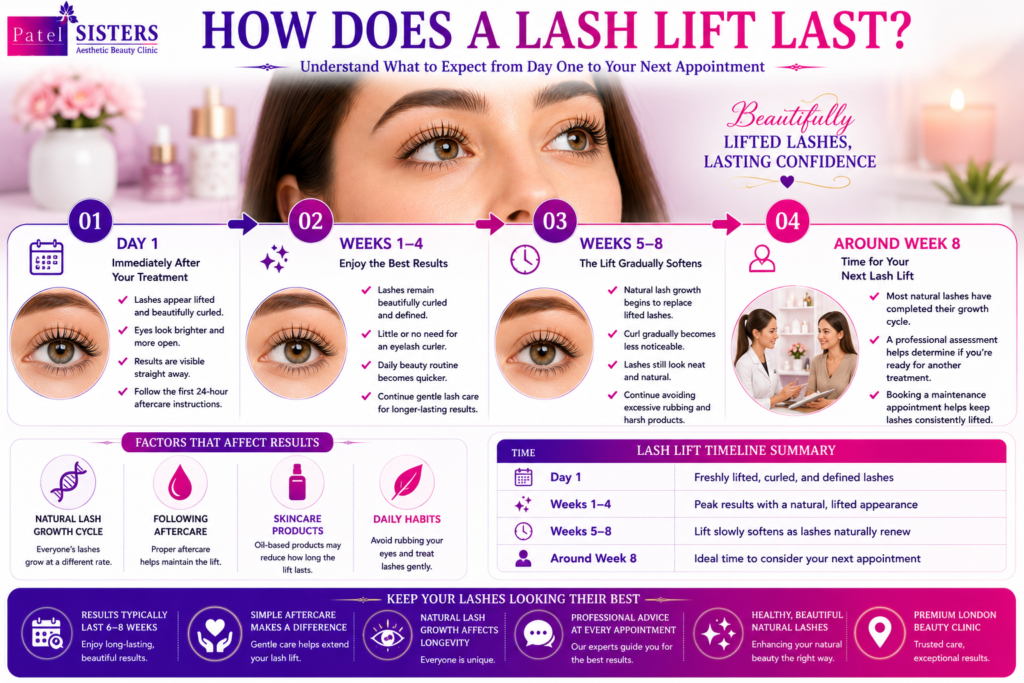 Timeline showing lash lift results from day one to eight weeks.