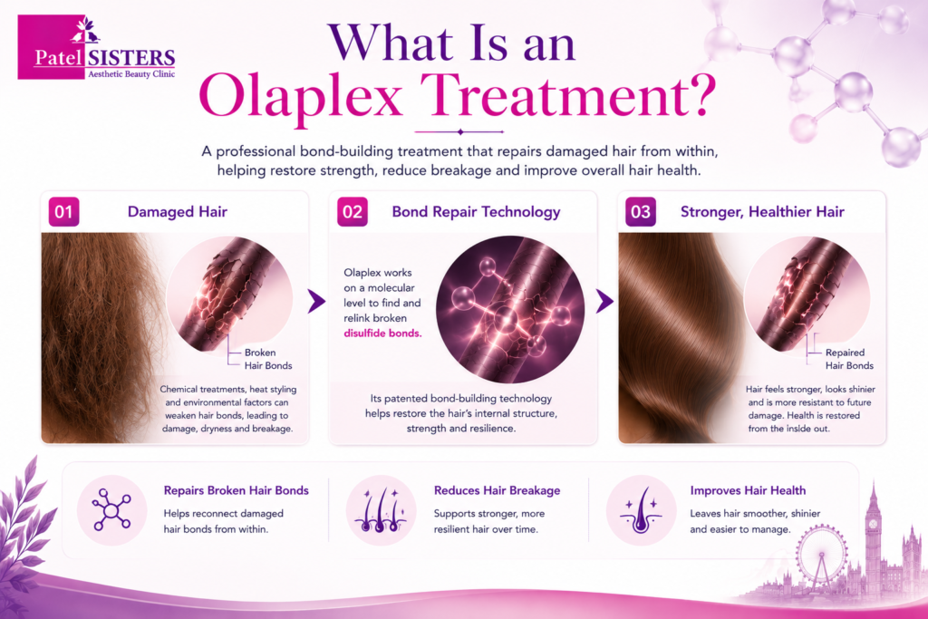 Illustration explaining how an Olaplex treatment repairs broken hair bonds to strengthen damaged hair from within.