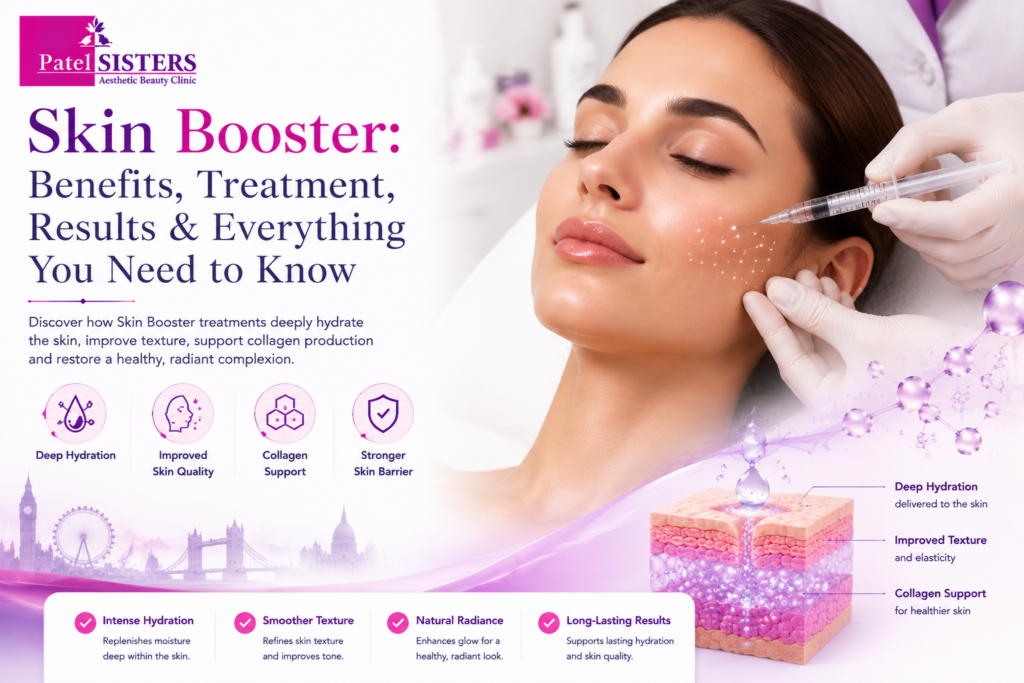 Professional skin booster treatment showing injectable hyaluronic acid improving skin hydration, glow and overall skin quality in a luxury aesthetic clinic.