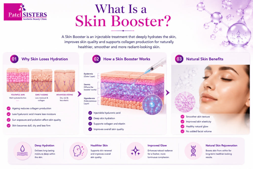 An illustration showing how a skin booster deeply hydrates the skin and improves skin quality from within.