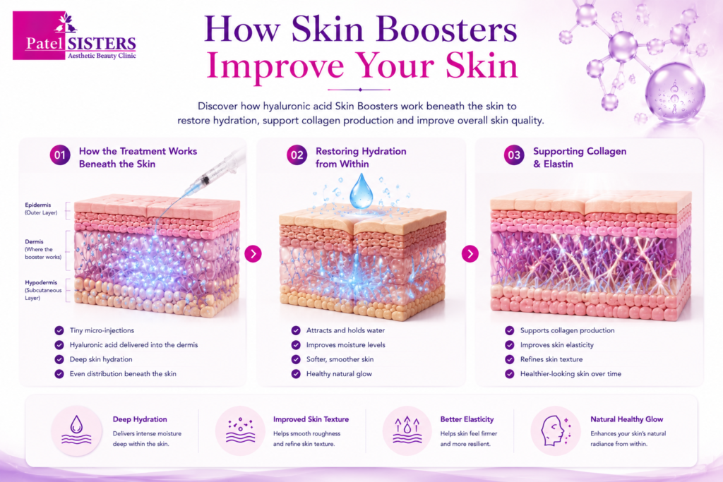 Medical illustration showing hyaluronic acid skin booster improving hydration, collagen production, and overall skin quality beneath the skin.