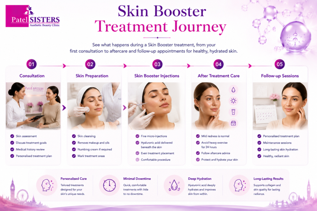 Timeline showing the Skin Booster treatment process from consultation and skin preparation to injections, aftercare, and follow-up sessions.