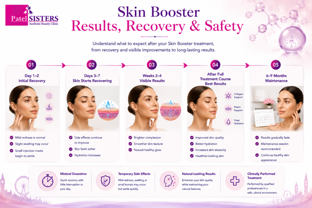 A timeline infographic showing skin booster recovery, expected results, and treatment timelines from day one to maintenance sessions.