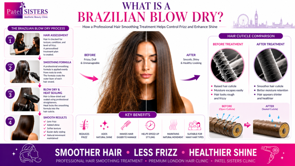 Brazilian Blow Dry treatment smoothing the hair cuticle for shinier, frizz-free, and healthier-looking hair.