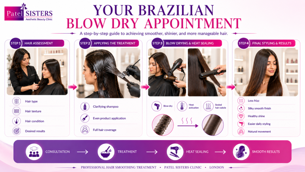 Step-by-step Brazilian Blow Dry treatment from consultation to smooth, glossy hair.