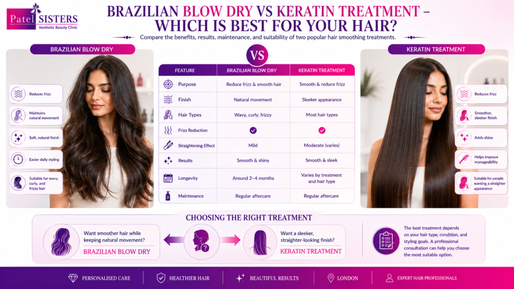 Comparison between Brazilian Blow Dry and Keratin Treatment for smoother, healthier-looking hair.