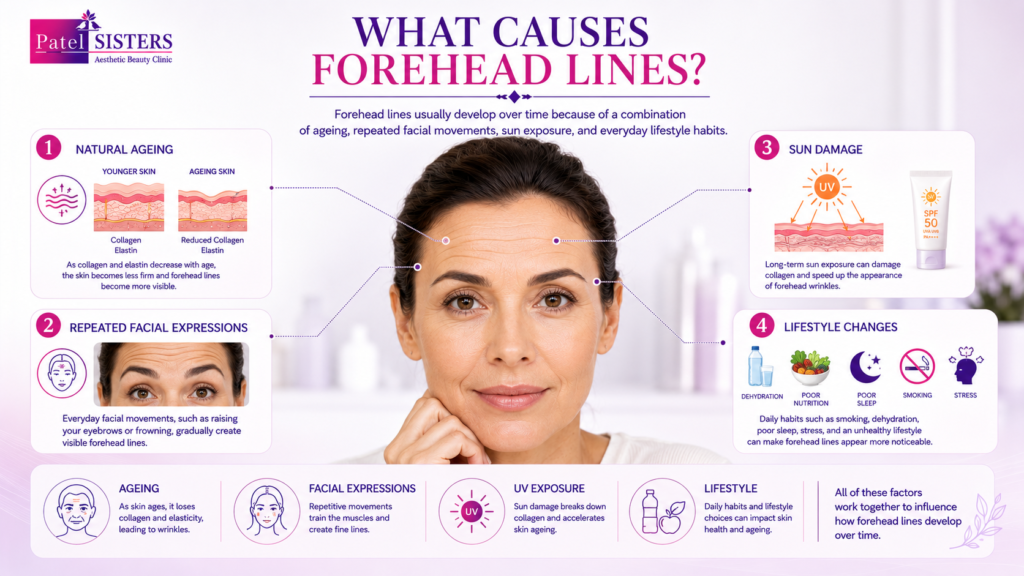 Common causes of forehead lines, including natural aging, repeated facial expressions, sun damage, and lifestyle factors, are illustrated in an educational infographic.