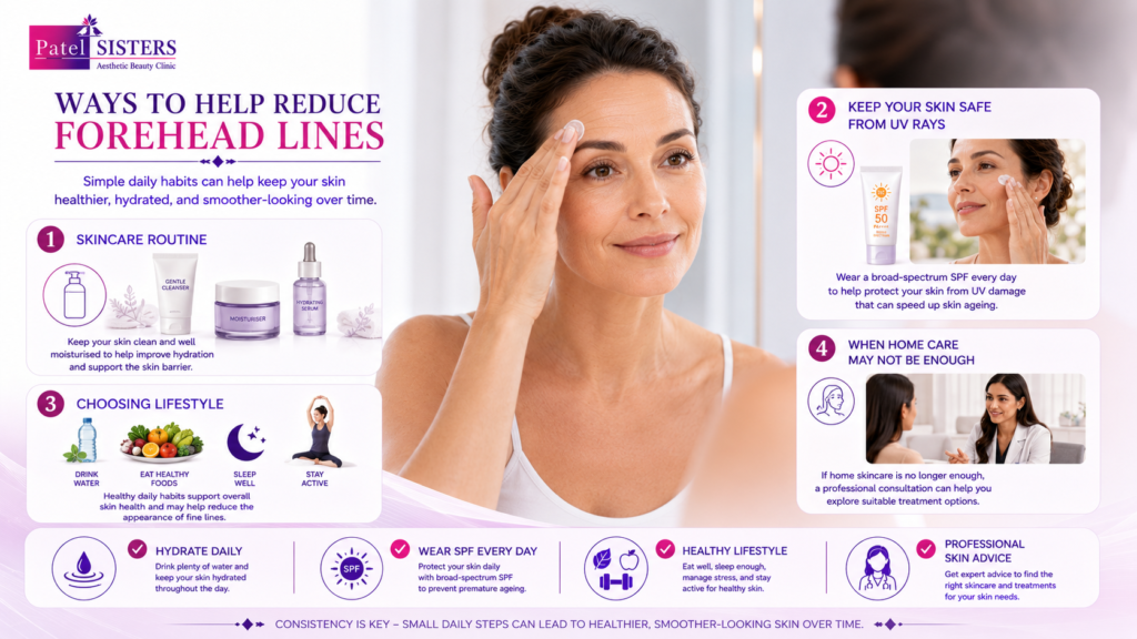 Daily skincare routine and healthy habits that help reduce the appearance of forehead lines.