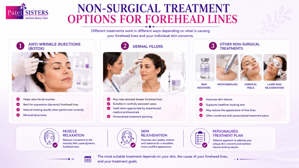 Comparison of non-surgical forehead line treatments including Botox, dermal fillers, and facial rejuvenation procedures.