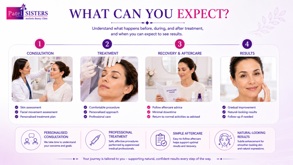 Step-by-step forehead line treatment from consultation to smoother-looking skin.