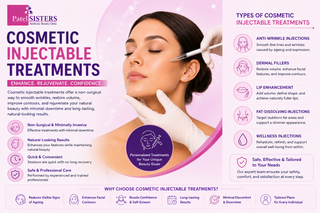 Cosmetic injectable treatments poster by Patel Sisters Aesthetic Beauty Clinic including anti-wrinkle injections, dermal fillers, lip enhancement and wellness injections.