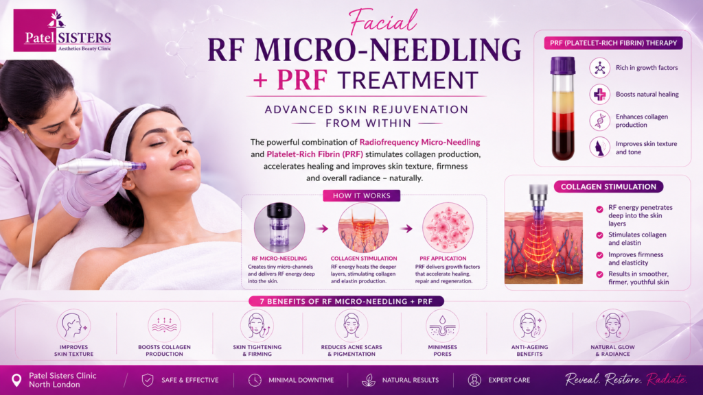 Facial RF Micro-Needling + PRF Treatment infographic showing collagen stimulation, PRF therapy, skin rejuvenation benefits, and a patient receiving treatment at Patel Sisters Clinic.