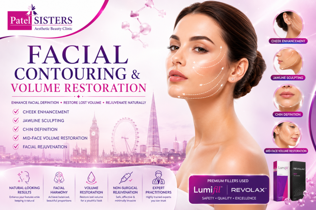 Facial Contouring and Volume Restoration with Dermal Fillers Near Me London using Lumifil and Revolax fillers for cheek enhancement, jawline definition, and facial rejuvenation.