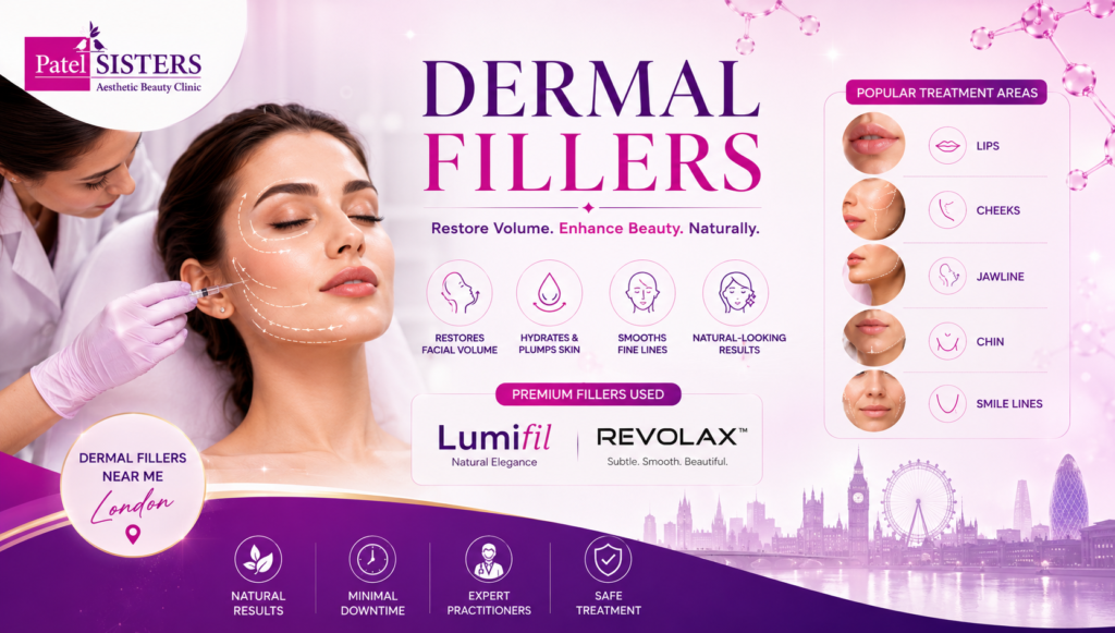 "Dermal Fillers Near Me London treatment at Patel Sisters Clinic showing a professional practitioner performing facial filler injections with Lumifil and Revolax fillers for lip enhancement, cheek contouring, jawline definition, and facial rejuvenation."