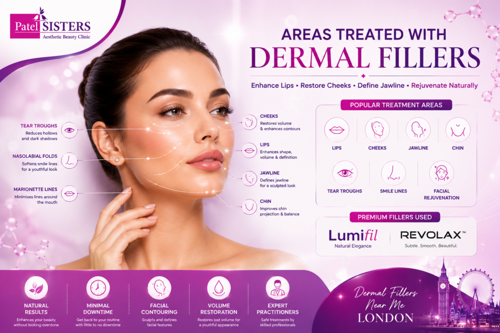 "Areas Treated with Dermal Fillers Near Me London showing lip enhancement, cheek contouring, jawline definition, chin augmentation, tear trough correction, and facial rejuvenation using Lumifil and Revolax fillers at Patel Sisters Clinic."