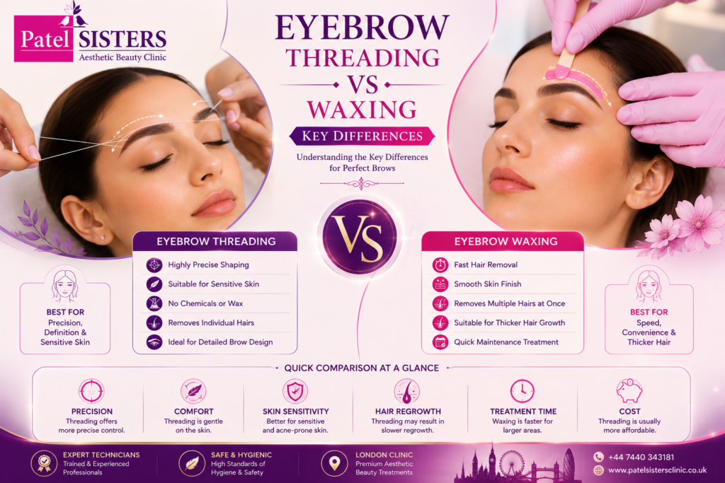 Eyebrow Threading vs Waxing: Key Differences Infographic Comparing Precision, comfort, skin sensitivity, treatment time, and results