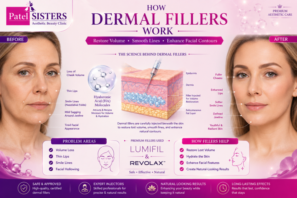 Dermal fillers treatment restoring facial volume and enhancing facial contours