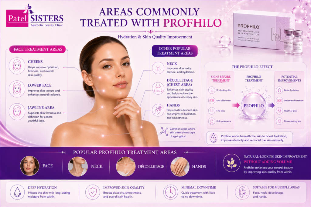 Common treatment areas for Profhilo on face neck and hands