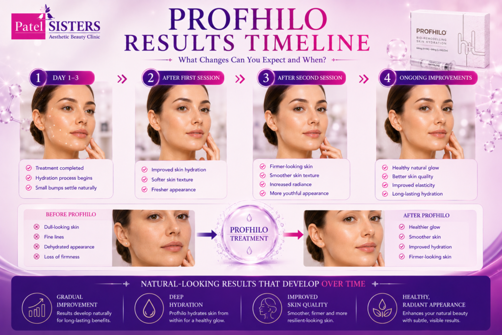 Profhilo before and after results timeline showing skin improvement