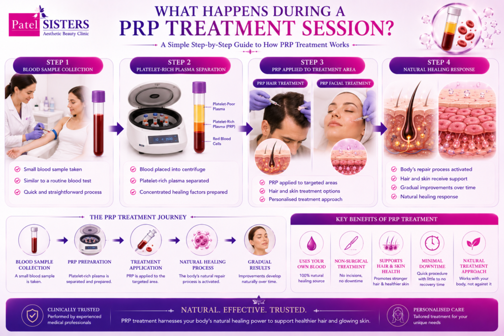 Step by step PRP treatment process from blood collection to treatment application