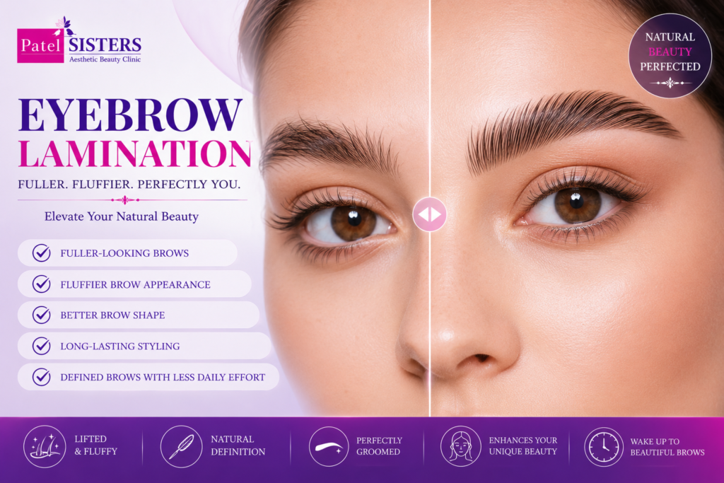 Eyebrow lamination treatment creating fuller, fluffier and more defined brows