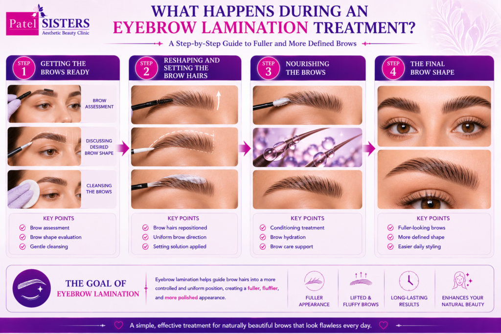 Step by step eyebrow lamination treatment process from preparation to final brow shape