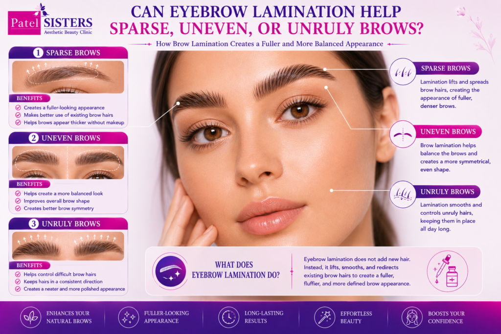 Eyebrow lamination helping sparse, uneven and unruly brows appear fuller and more balanced