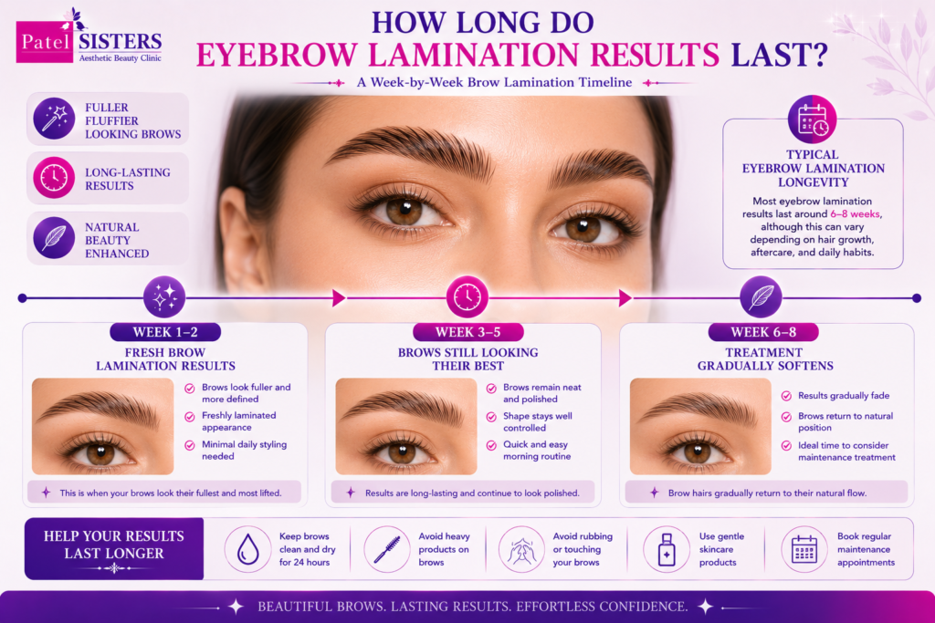 Eyebrow lamination results timeline showing fuller brows over several weeks