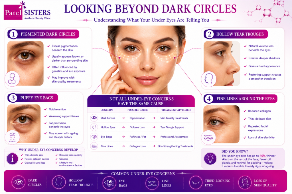 Different under-eye concerns including dark circles, eye bags, tear trough hollows, and fine lines