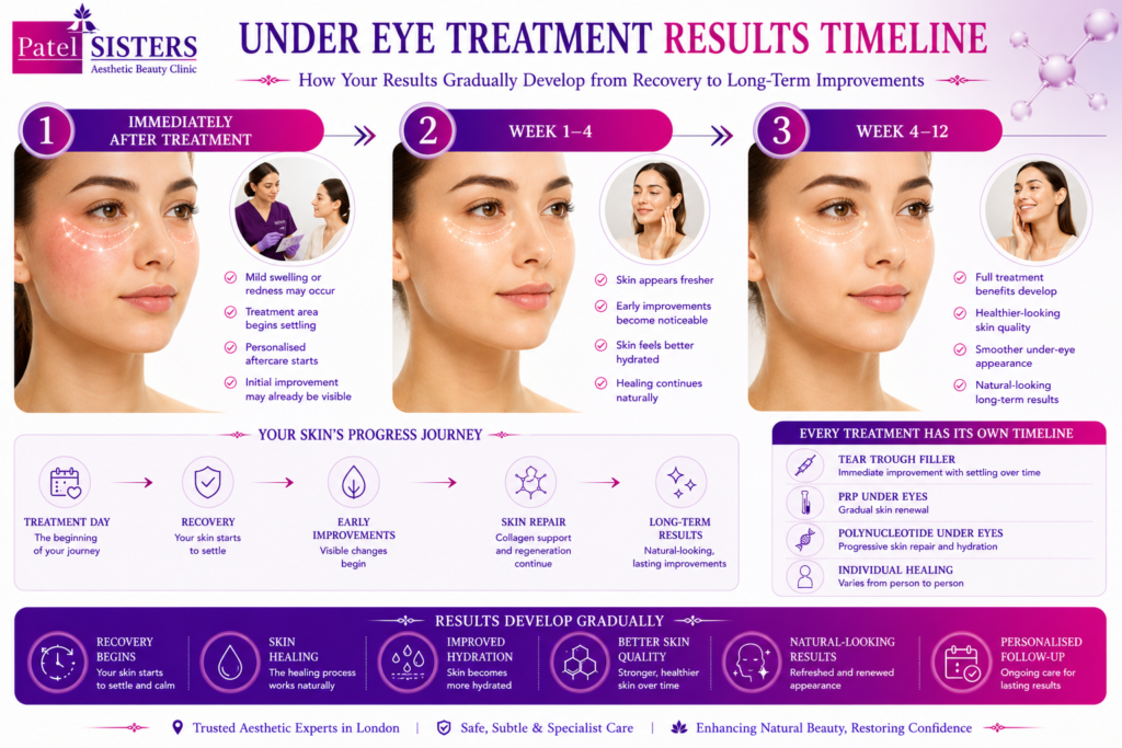 Timeline showing gradual under eye treatment results from recovery to long-term improvements