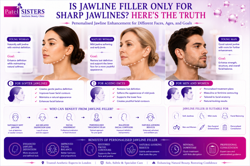 Jawline filler treatment creates a sharper and more sculpted facial profile suitable for different face shapes and ages.