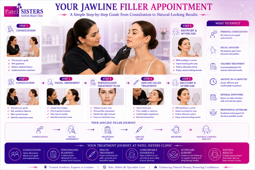 Step-by-step jawline filler treatment from consultation to final results.