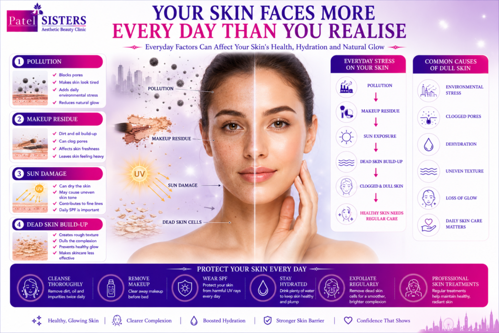Illustration showing pollution, makeup and sun damage affecting healthy skin.