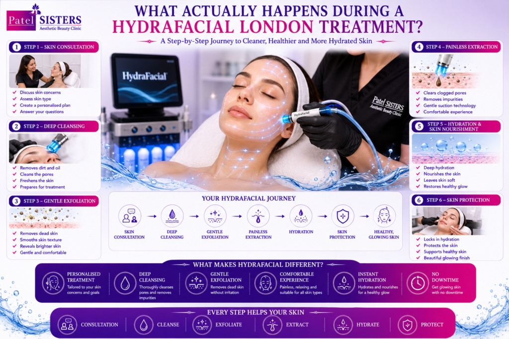 Step-by-step HydraFacial London treatment process from consultation to glowing skin.