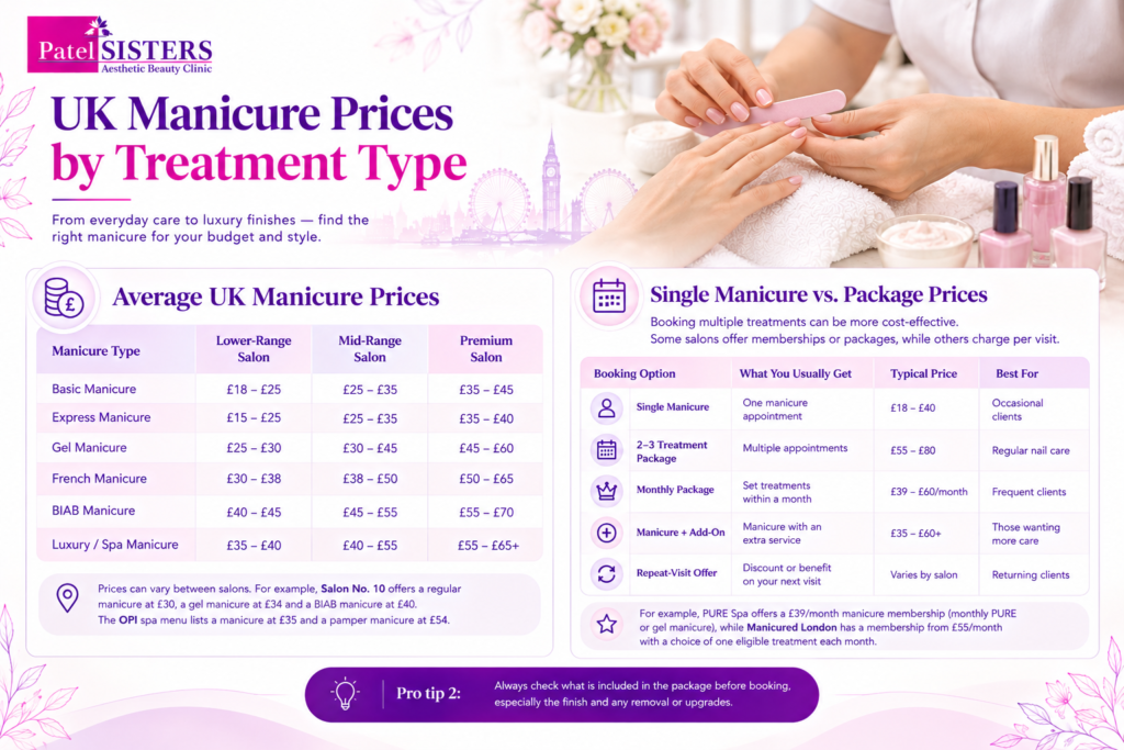 UK manicure prices infographic comparing basic, express, gel, French, BIAB, and luxury manicures, plus package and membership options.